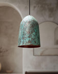 Oxidized Copper Pendant Light, Green Patina Farmhouse Light Fixture, Long Copper Pendant Lamp