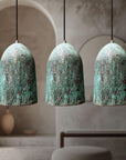 Set of 3 Oxidized Copper Pendant Light, Three Green Patina Farmhouse Light Fixtures, Long Copper Pendant Lamp