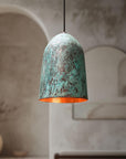 Oxidized Copper Pendant Light, Green Patina Farmhouse Light Fixture, Long Copper Pendant Lamp