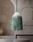 Set of 3 Oxidized Copper Pendant Light, Three Green Patina Farmhouse Light Fixtures, Long Copper Pendant Lamp